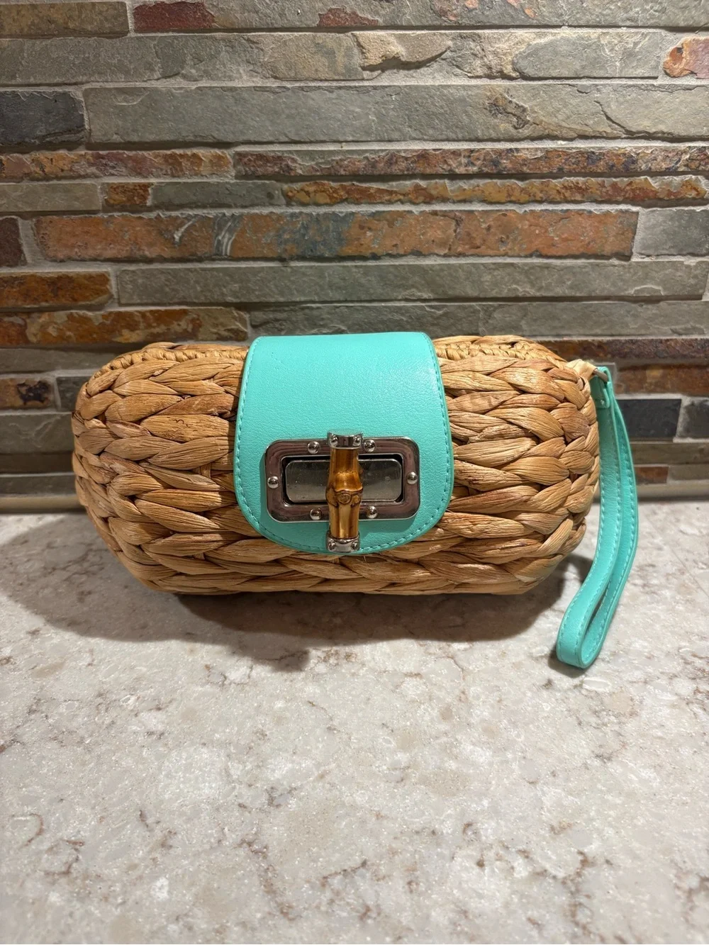 Woven Straw Wristlet with Mint Leather Trim